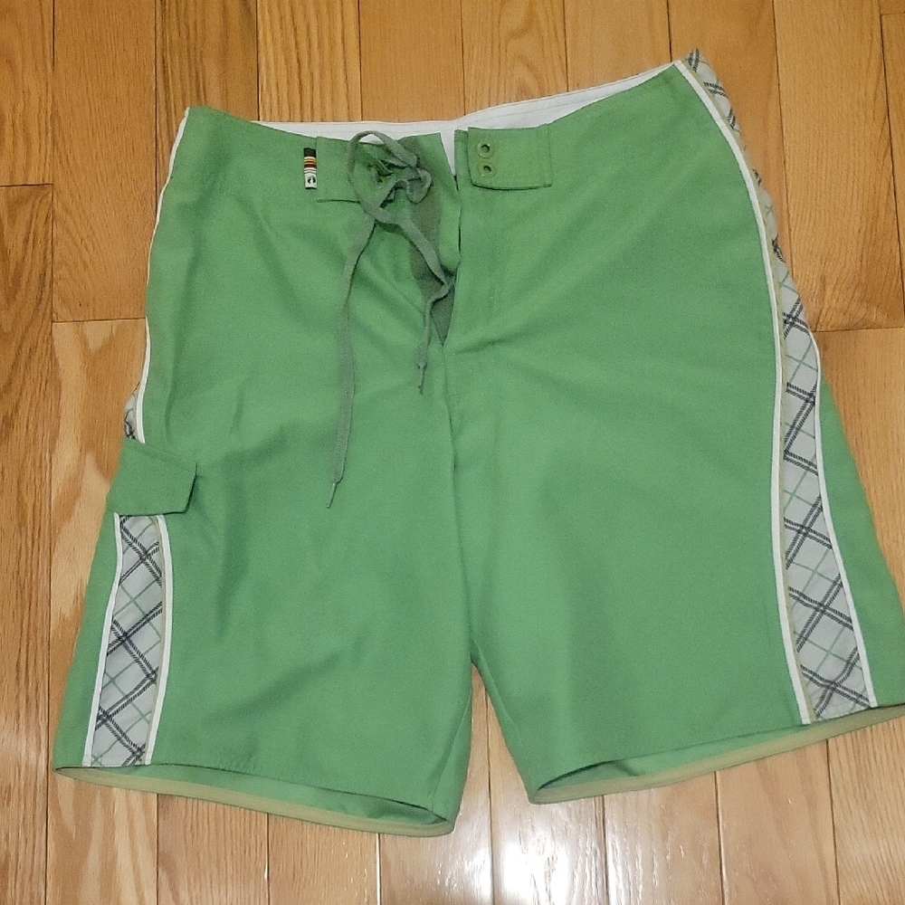 Hang Ten Green Board Shorts with Geometric Stripes